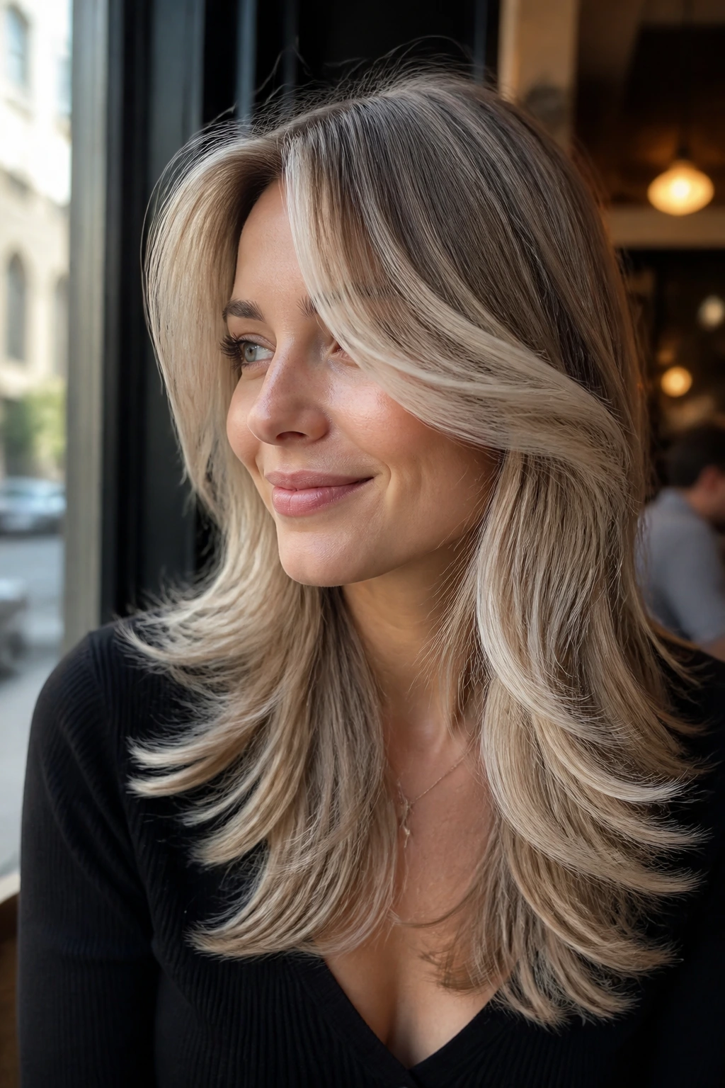 Close-up of a person with ash balayage butterfly layers framing the face.