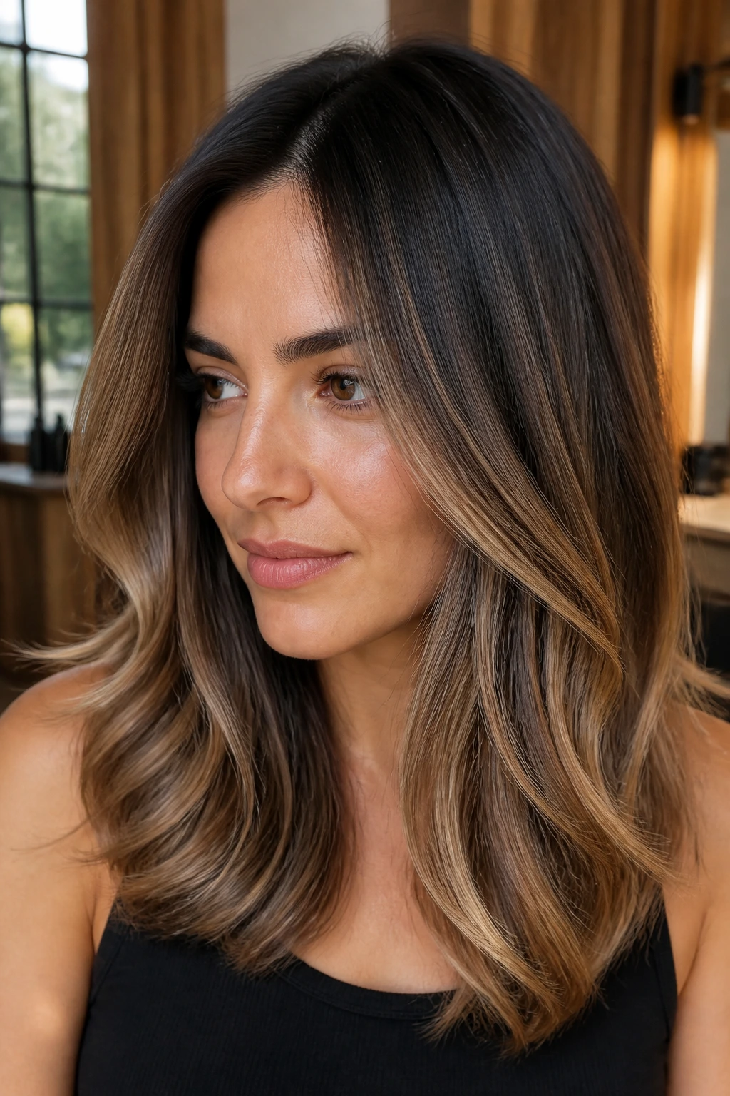 Portrait of real person with ash-to-caramel balayage on shoulder-length hair.