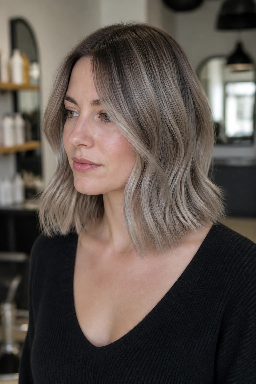 Close-up of a real woman with ash balayage on a collarbone-length lob softening the jawline.