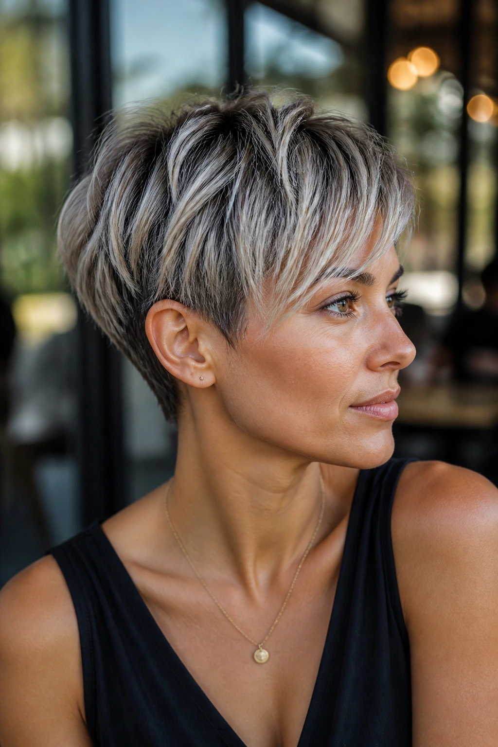 Close-up portrait of a real woman with ash balayage on a cropped haircut