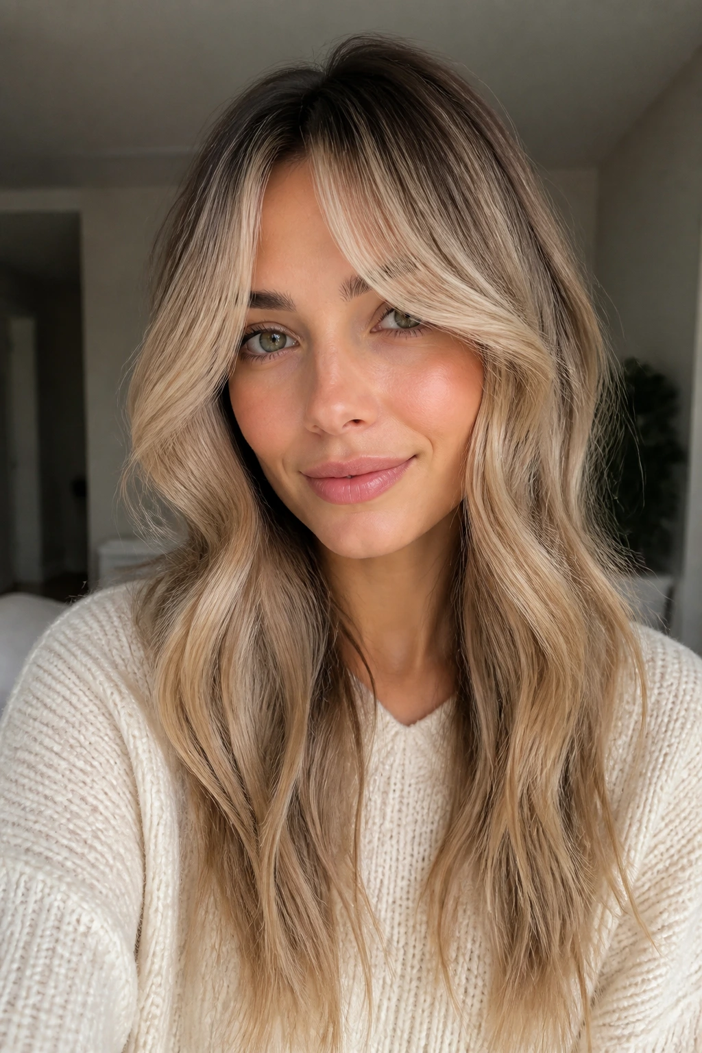 Close-up of curtain bangs with ash balayage framing the eyes on a real person