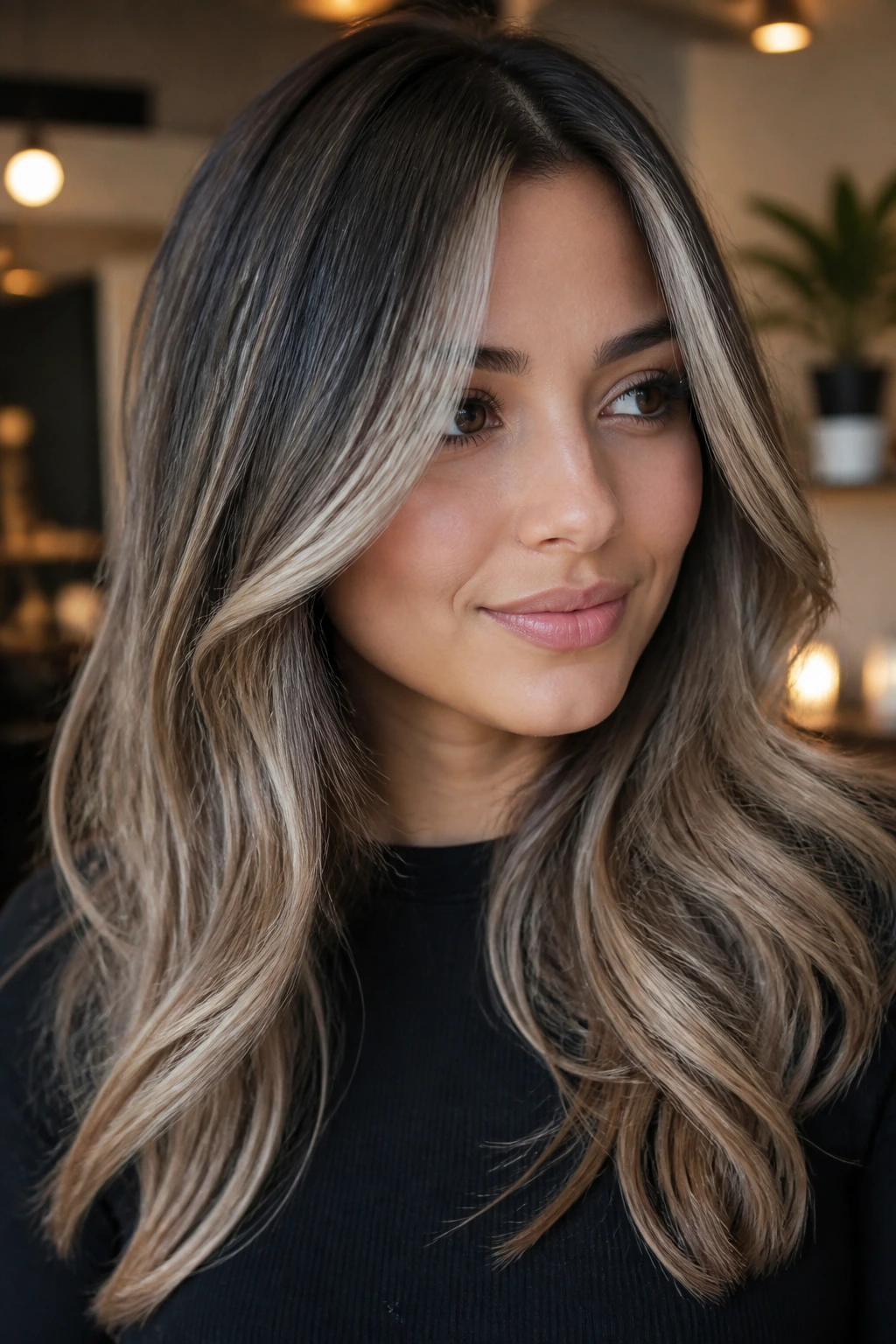 Portrait of a woman with ash balayage and soft face-framing layers