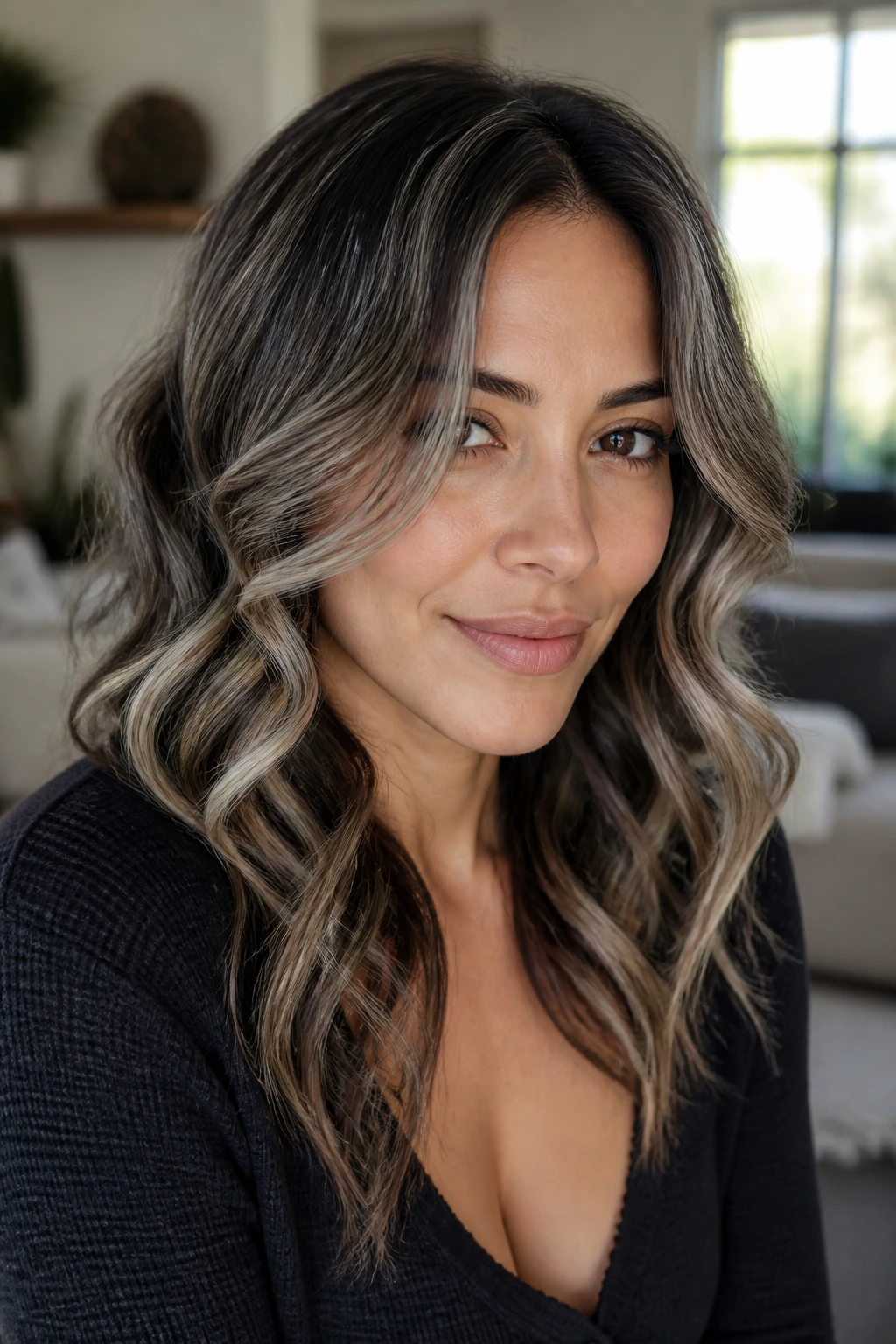 Close-up of olive-skinned woman with ash balayage and face-framing curls