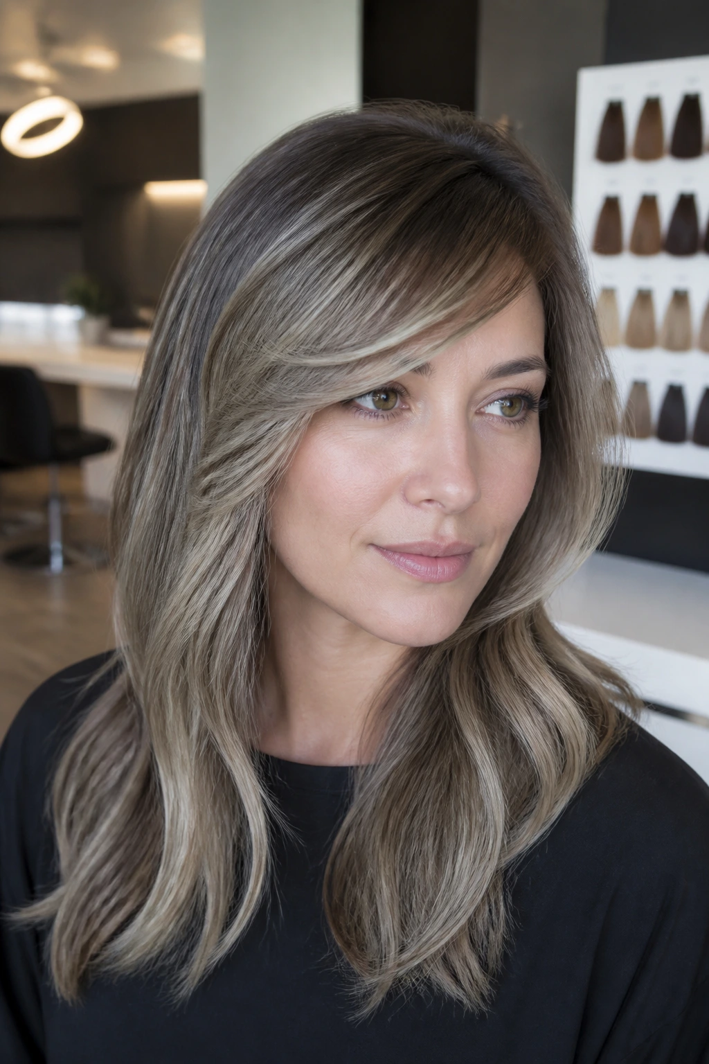 Close-up portrait of a woman with ash-toned balayage and side-swept bangs in a modern salon