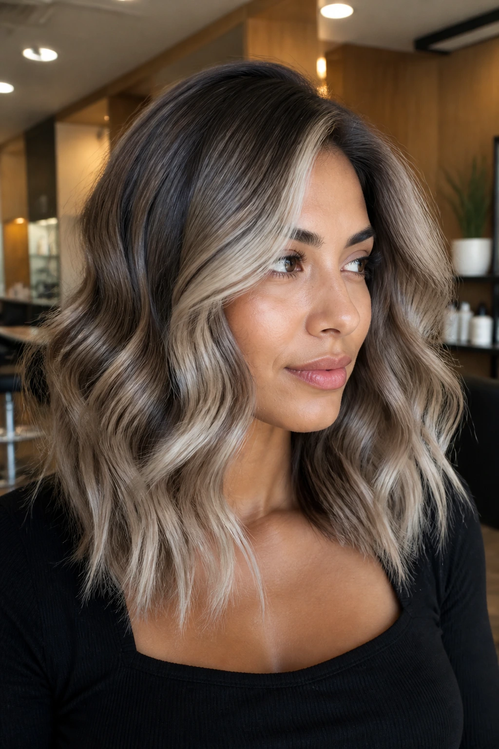 Portrait of a person showing ash balayage variations and beige ash tones.