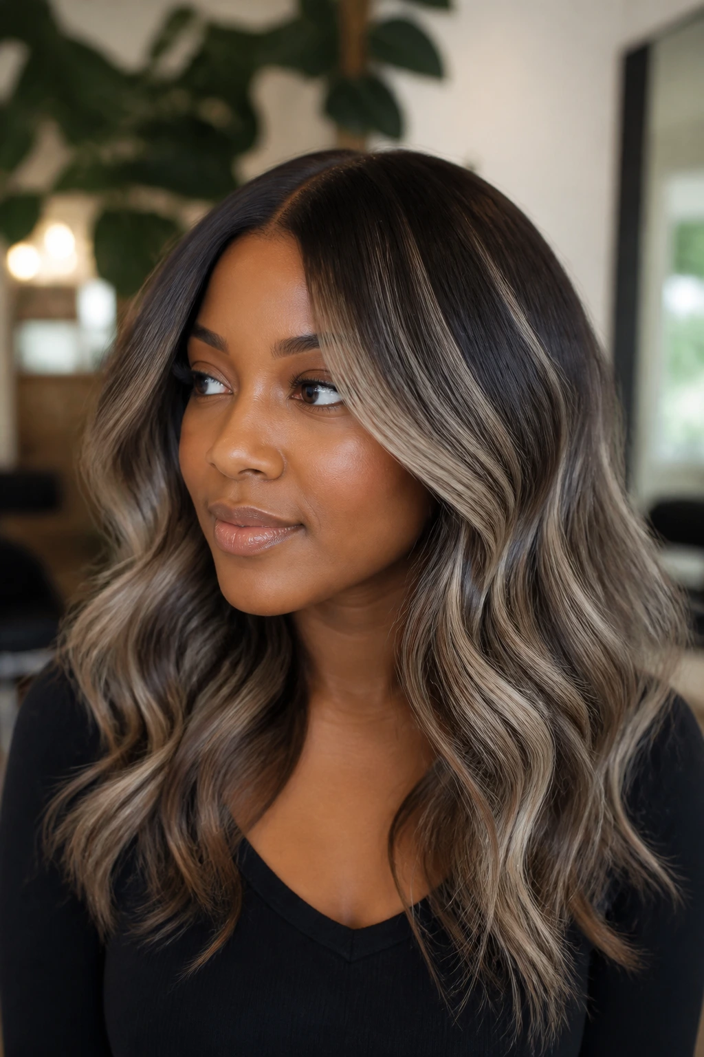 Close-up of deep brown base with ash balayage waves on a real person