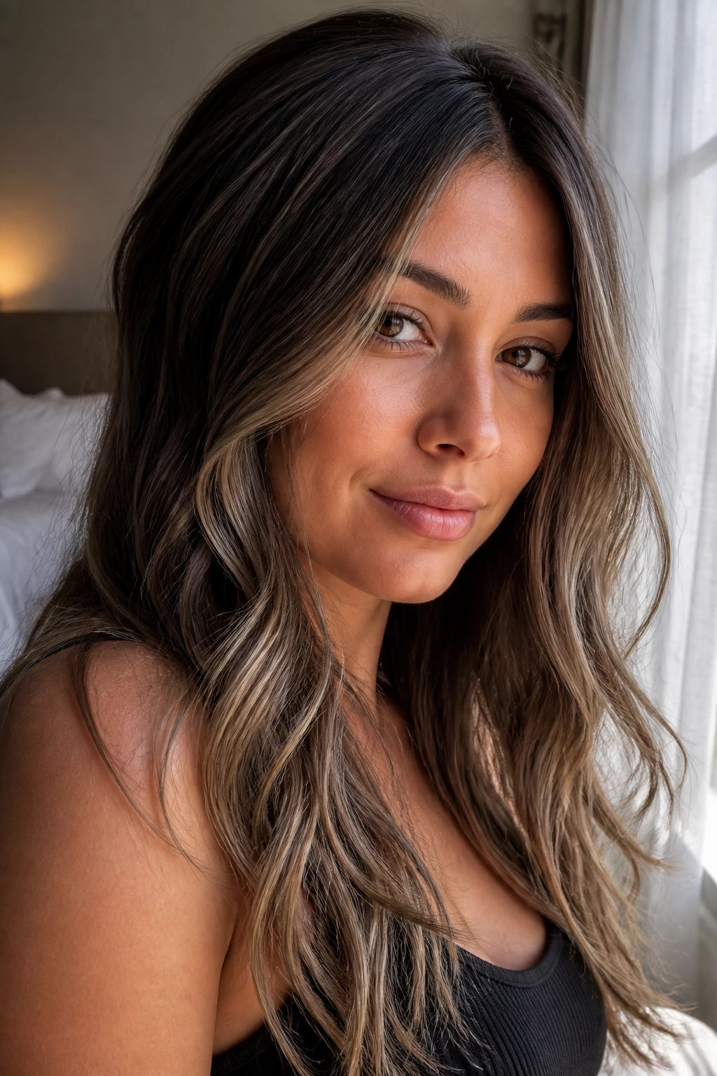 Close-up portrait of a real person with ash-beige babylights on dark hair, soft natural light