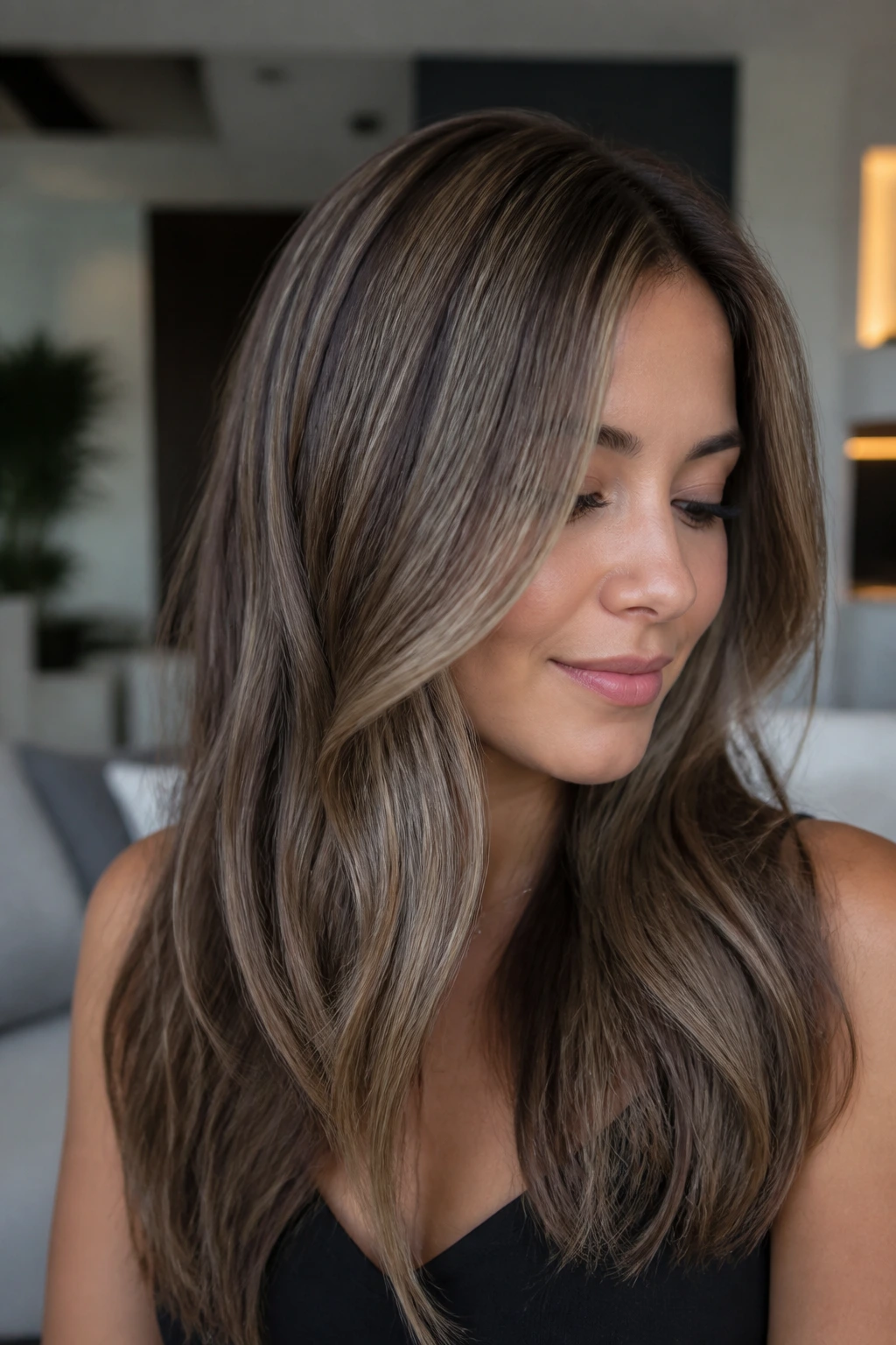 Close-up brunette with fine ash beige babylights and cool brown lowlights