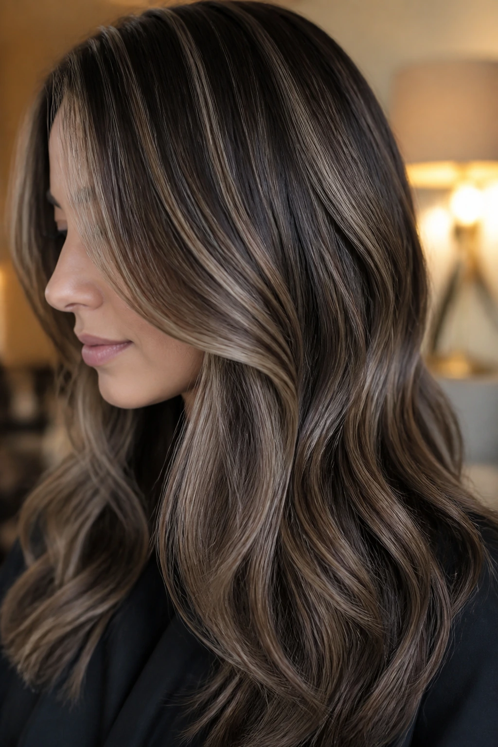 Close-up of ash beige babylights on dark hair