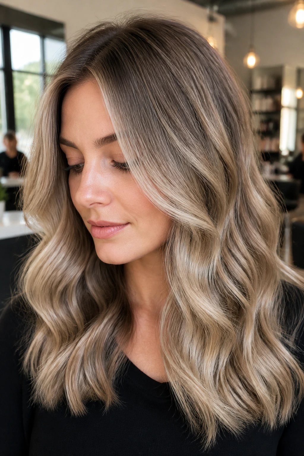 Close-up of ash-beige balayage with soft root shadow on a real person.