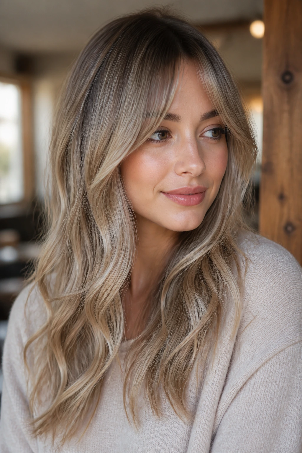 Real woman with ash-beige balayage and bottleneck bangs