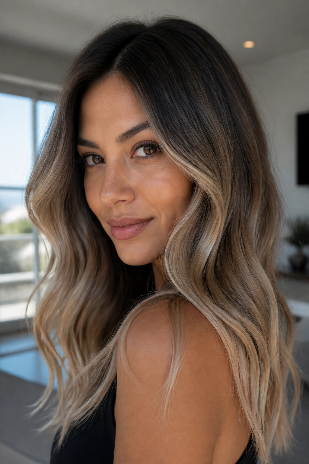 Portrait of a real woman with ash beige balayage on olive-toned skin