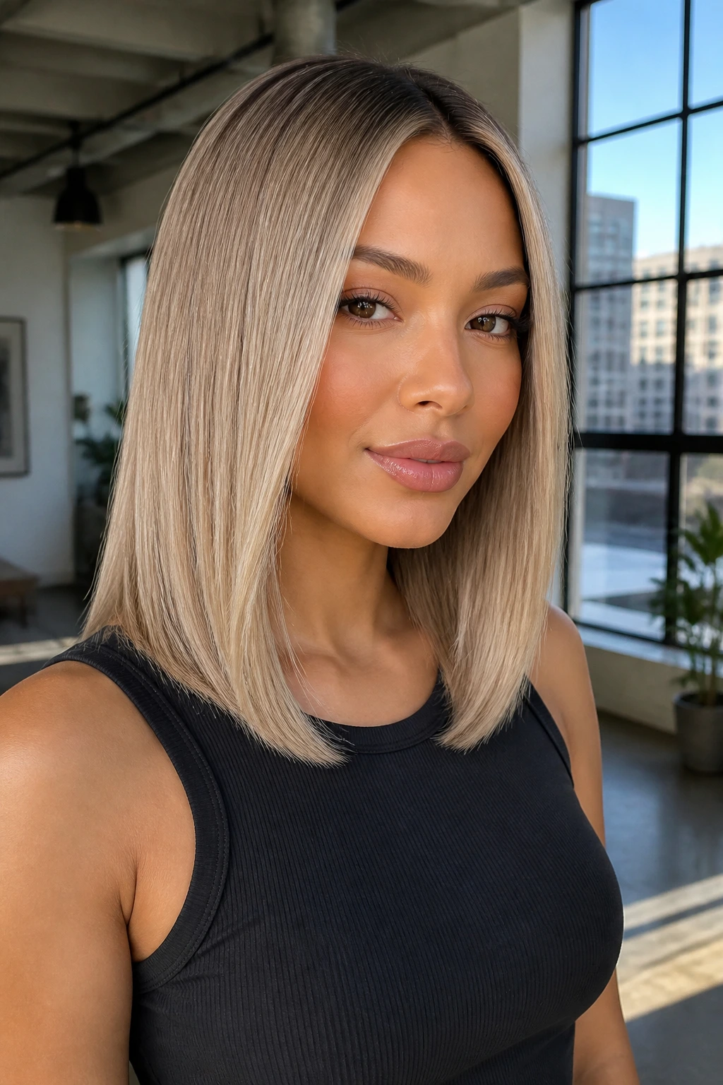 Close-up portrait of a real person with ash beige blonde sleek mid-length hair