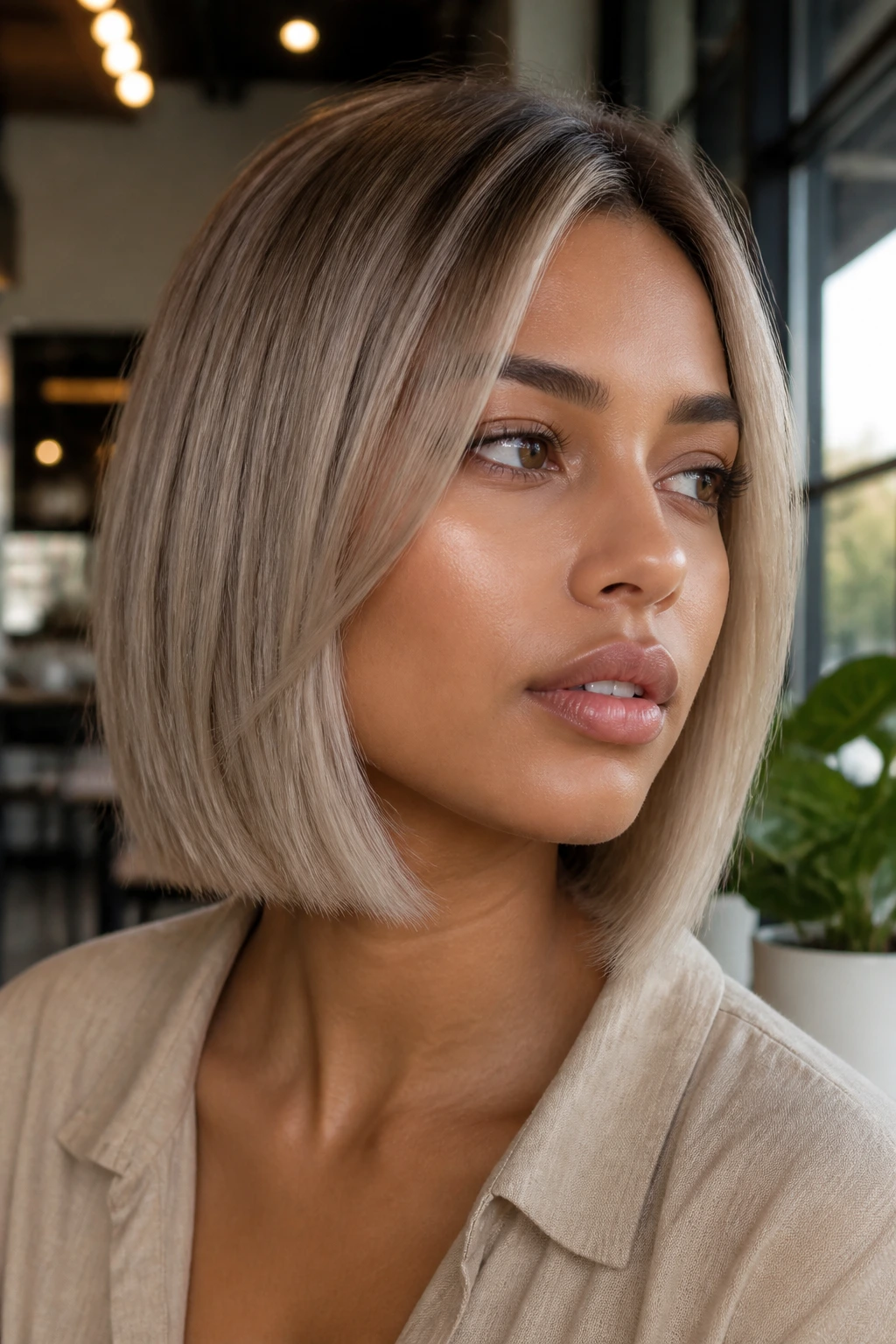 Close-up of a real person with an ash beige blonde bob.