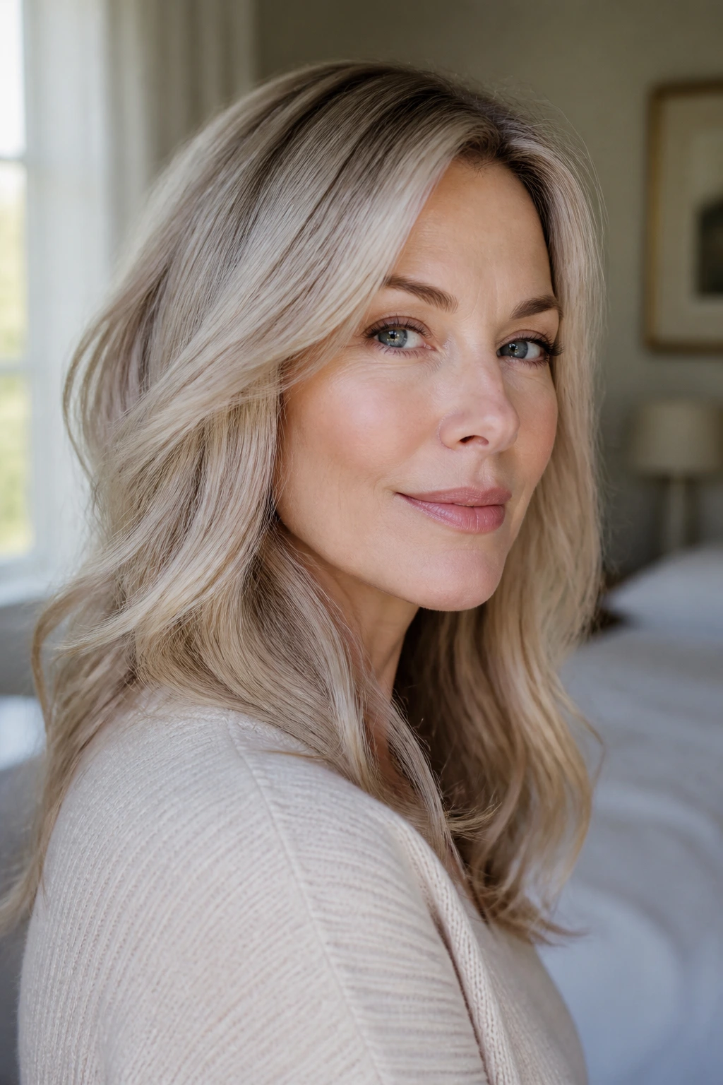 Close-up portrait of a woman with ash beige blonde hair on cool-toned skin