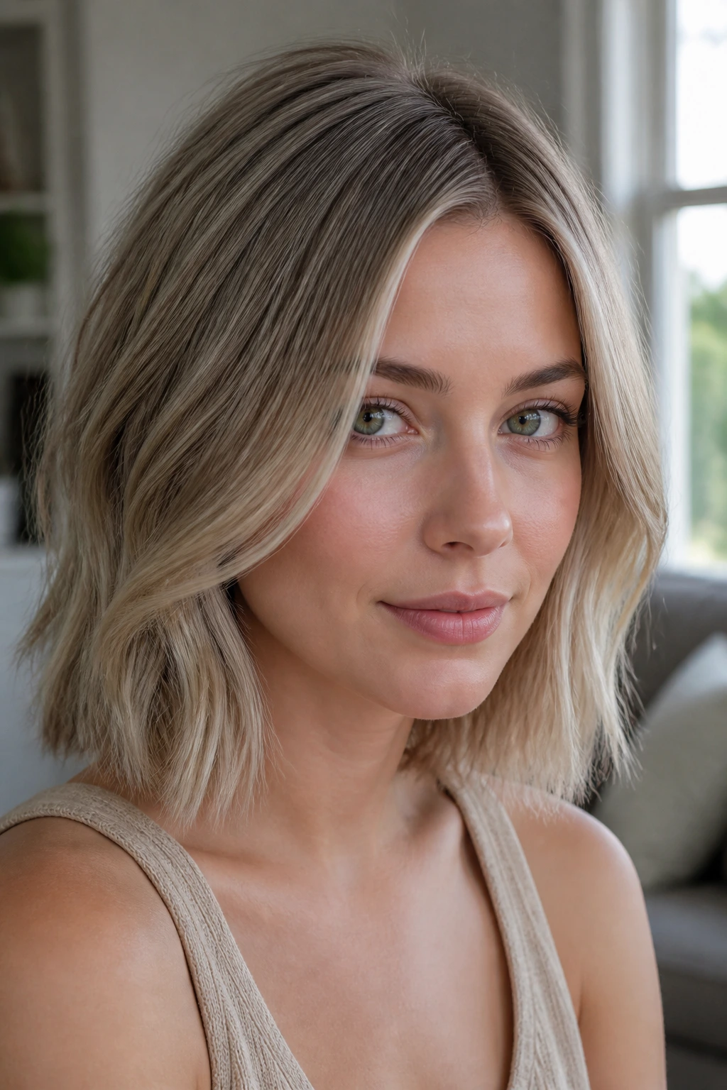 Portrait of a cool-skinned woman with ash-beige blonde hair