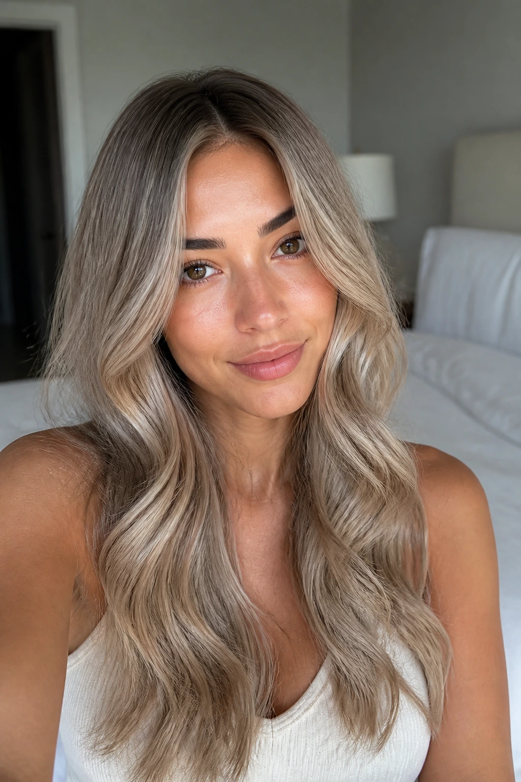 Portrait of a real person with ash beige blonde and glossy hair