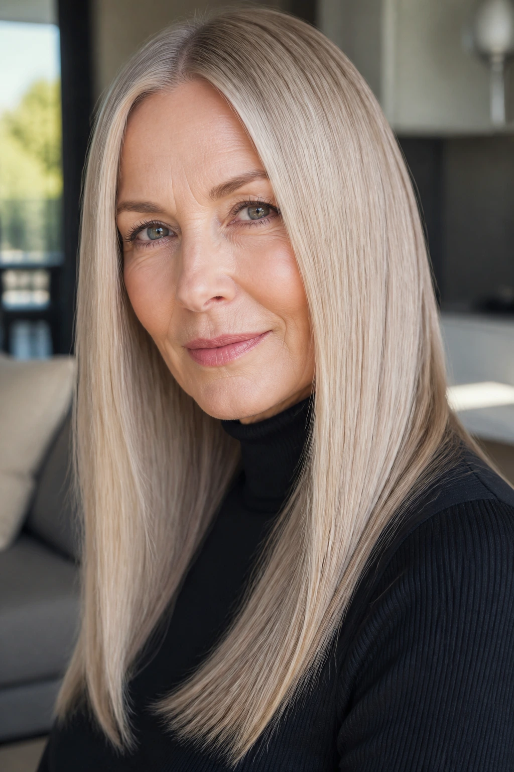 Close-up portrait of a woman with sleek ash-beige blonde hair in a soft indoor setting