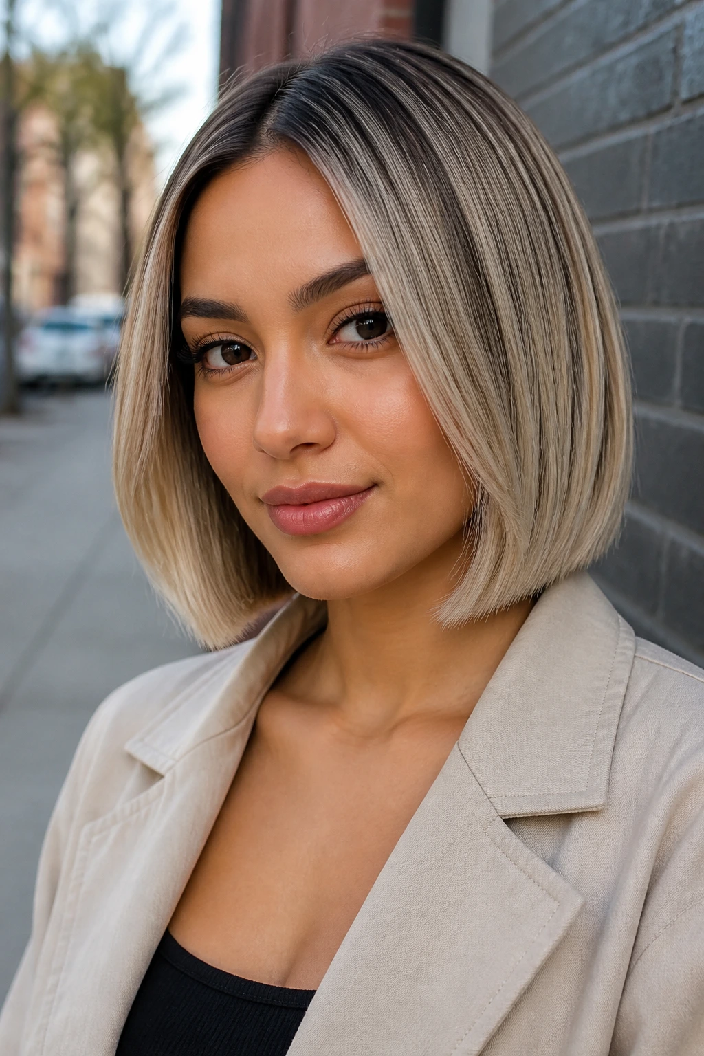 Close-up portrait of a real person with Ash Beige Blunt Bob, ash tones with root shadow and soft edges in daylight