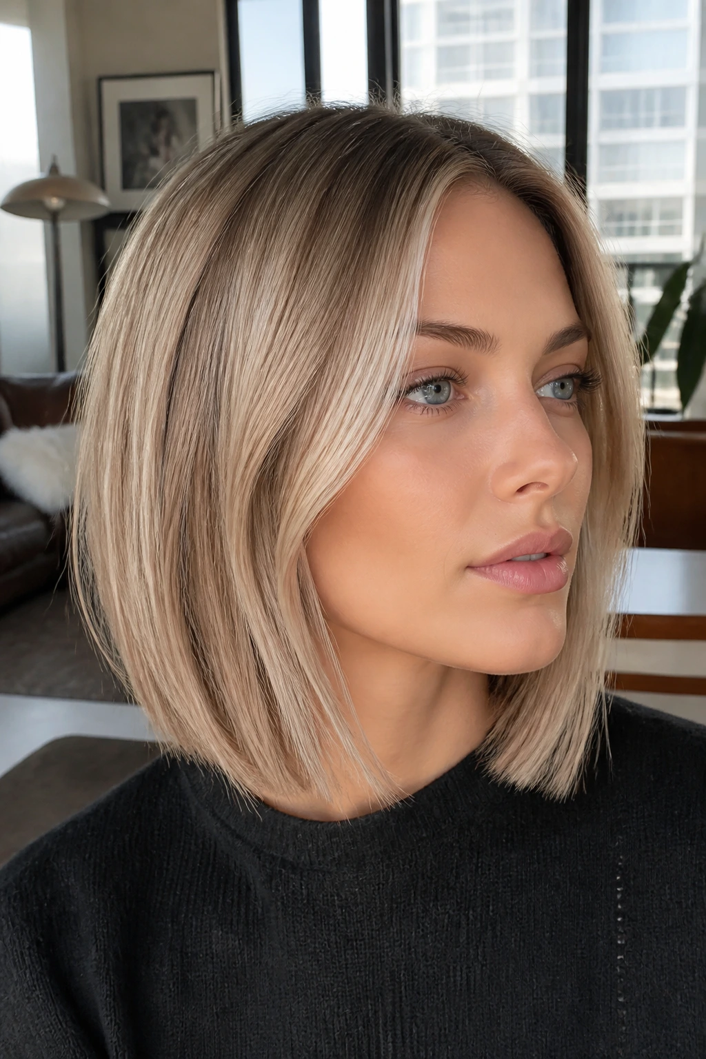 Close-up portrait of a real woman with beige ash rooted bob