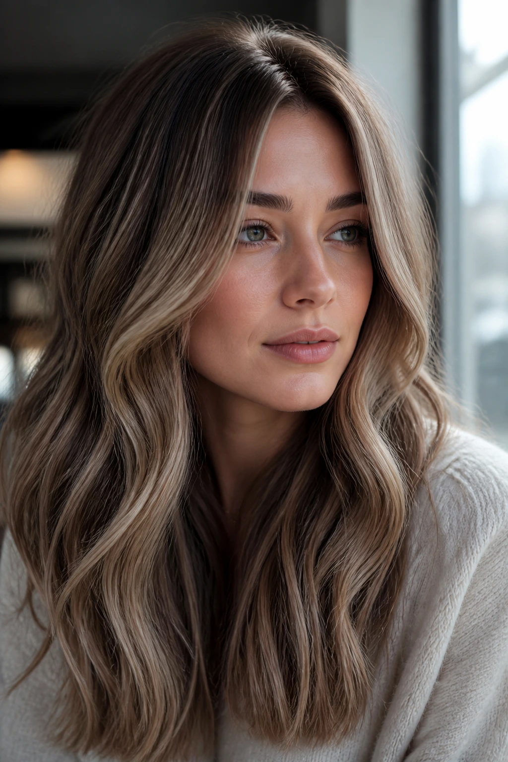 Close-up of hair on a real woman showing ash-beige base with caramel ribbons for cool undertones