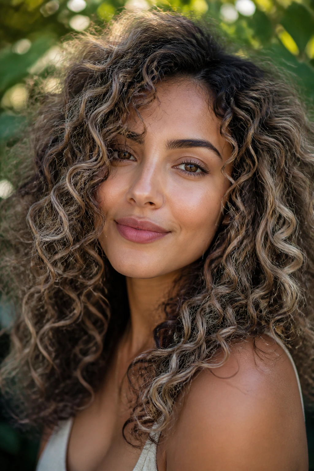 Close-up of a real woman's curly hair in ash beige dimension outdoors with soft sunlight.