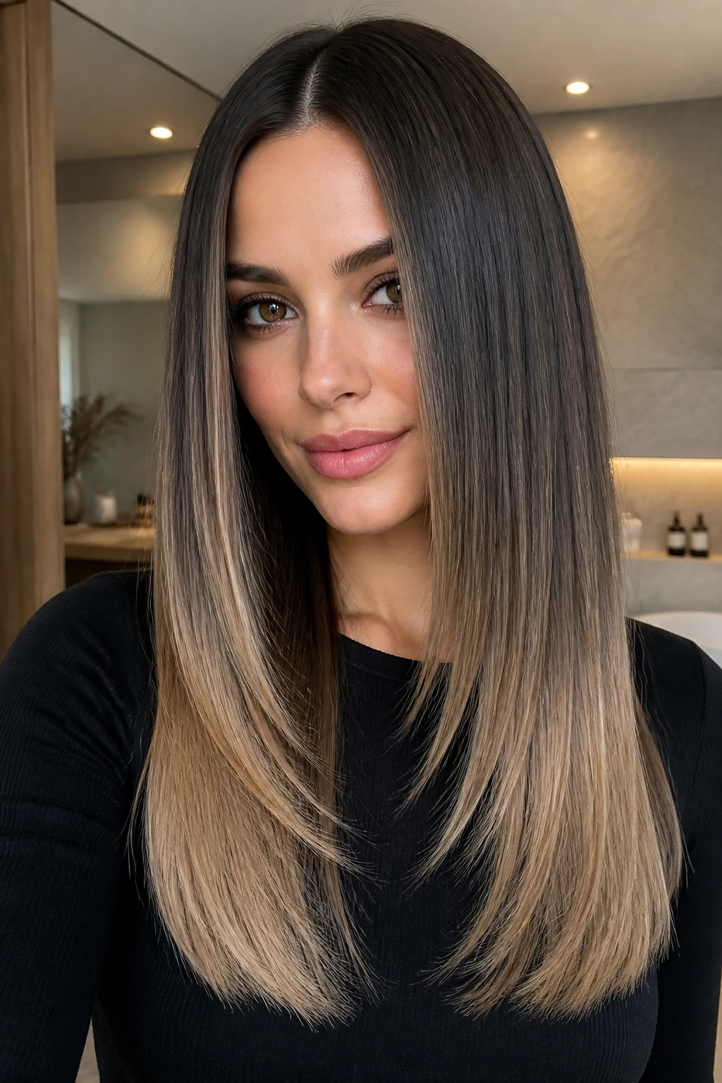 Brunette with polished straight layers and ash-beige ends in natural light.