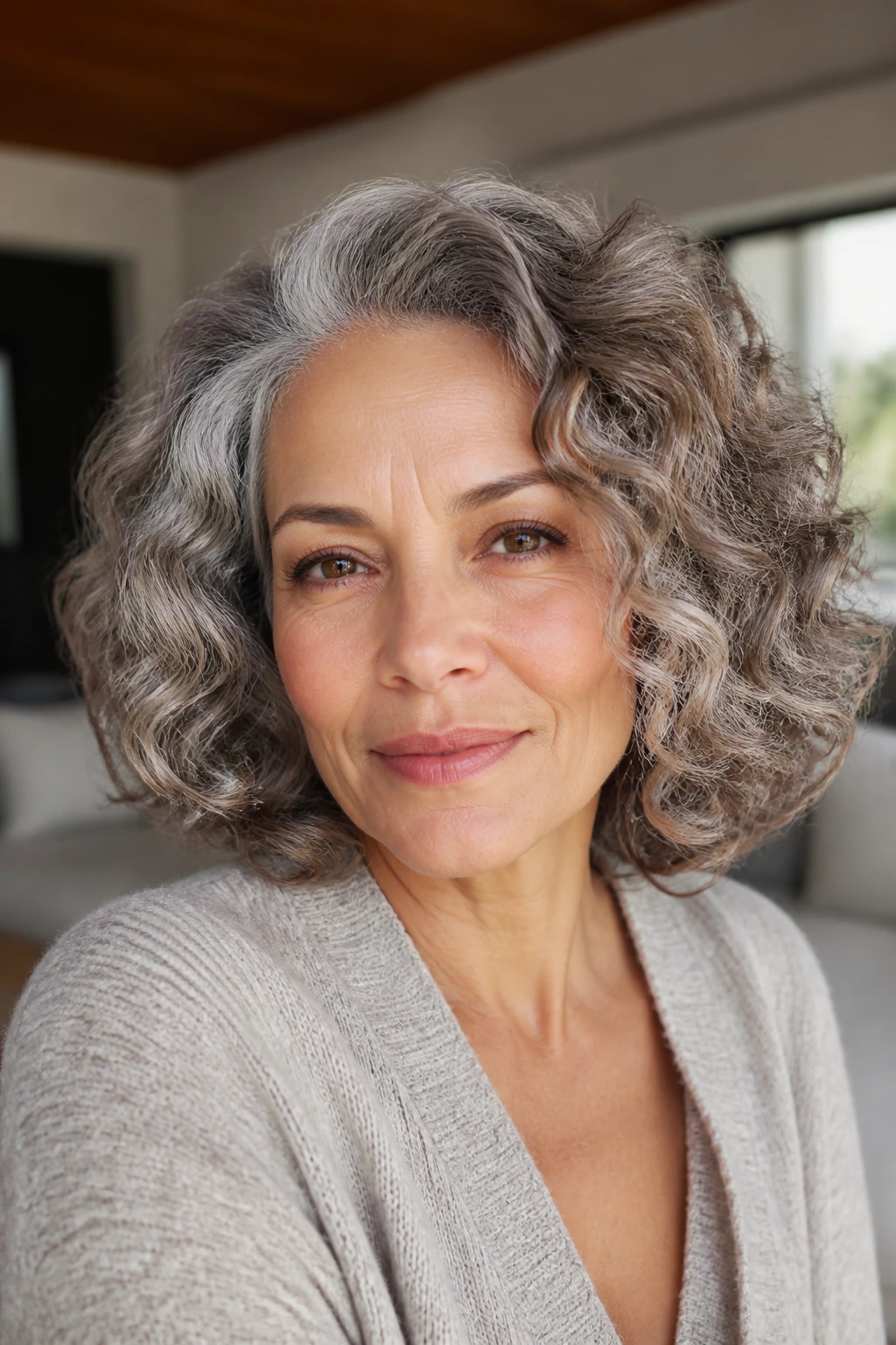 Close-up of a real person with ash beige grey base and cocoa lowlights on curls