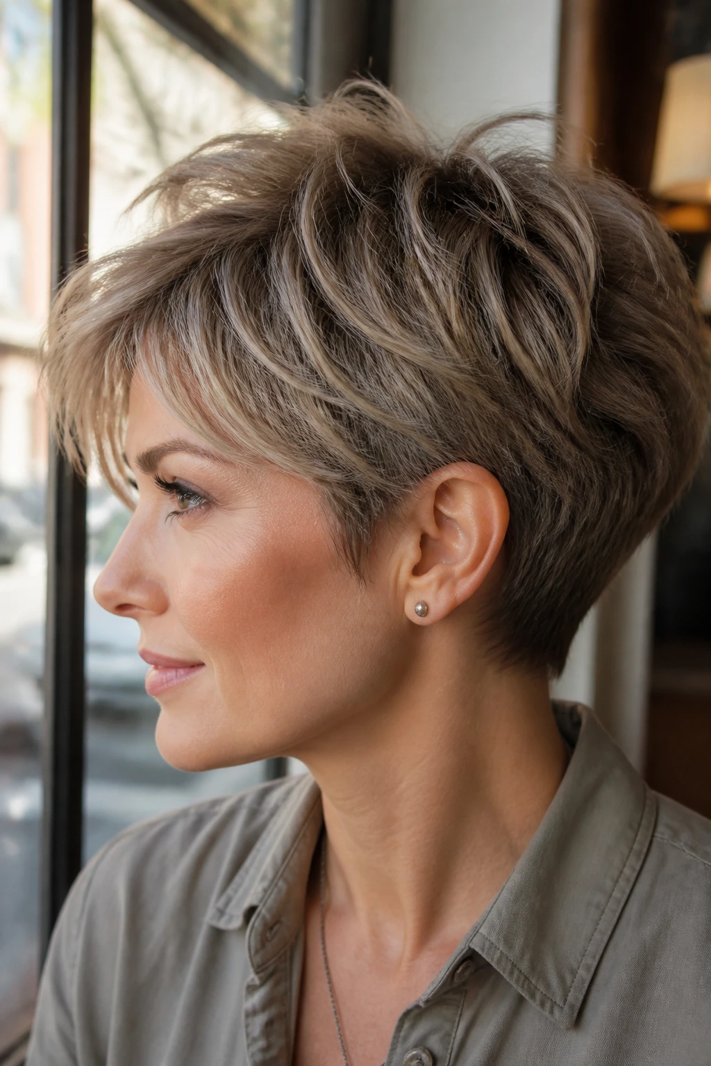 Close-up of a real woman with a soft shaggy crop and tapered nape in ash tones