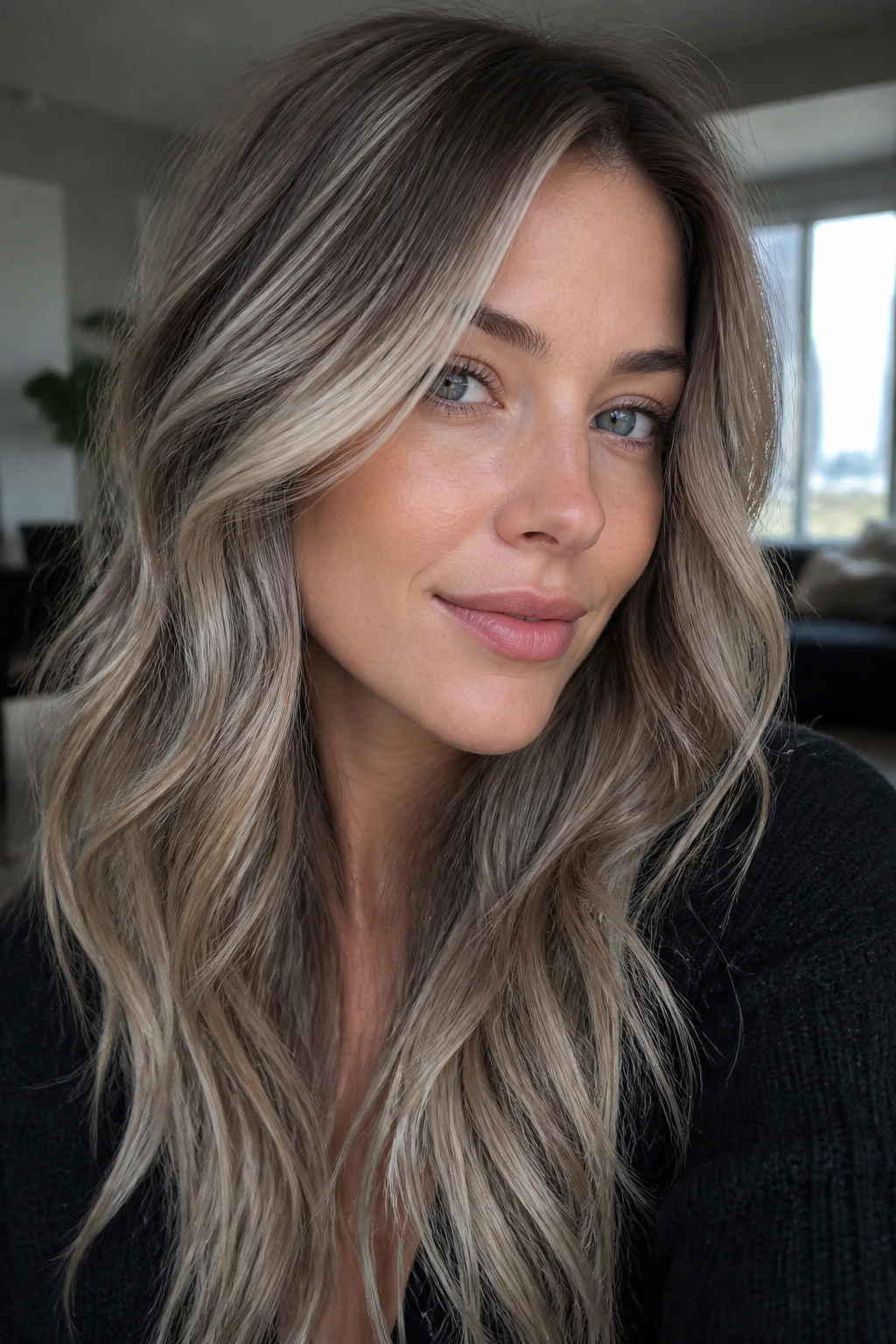 Close-up of a woman with ash-blonde highlights and neutral brown base on cool skin, soft root shadow.