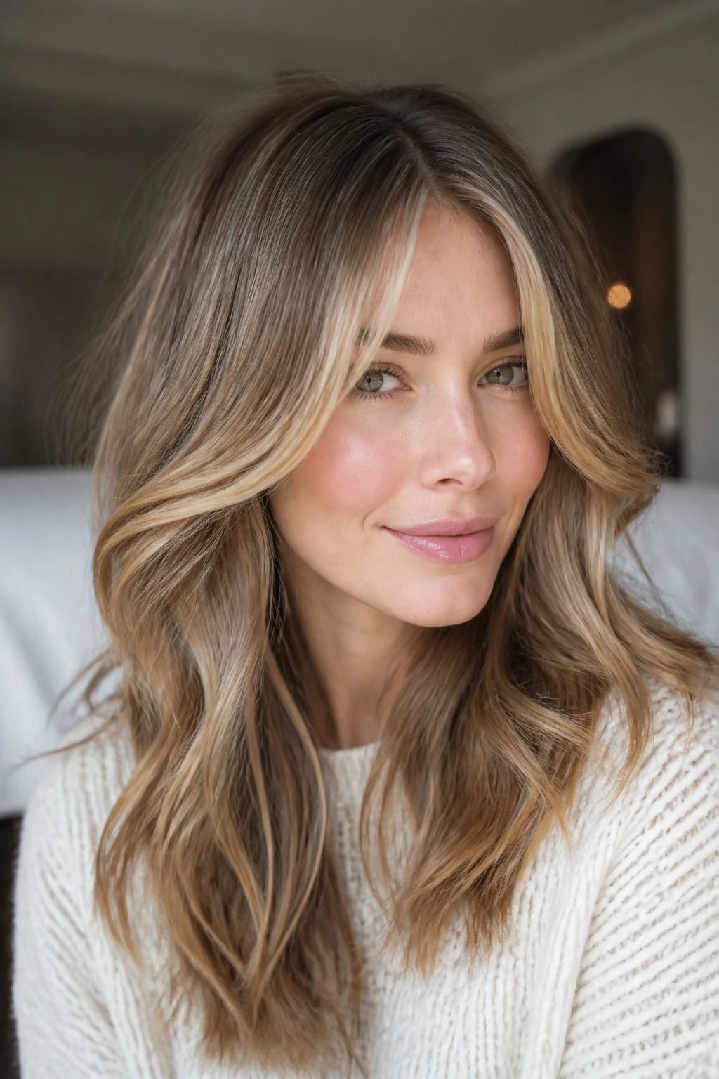 Close-up of a real woman displaying ash-beige and honey caramel variations.