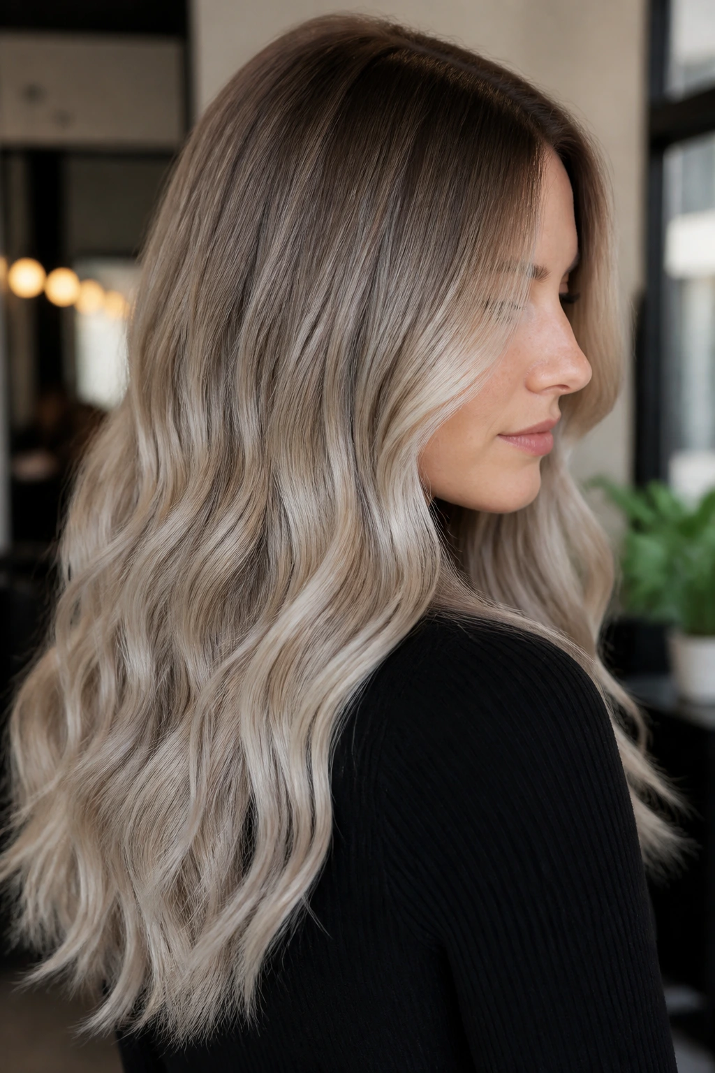 Side-profile of woman with ash beige melt color gradient from root to ends