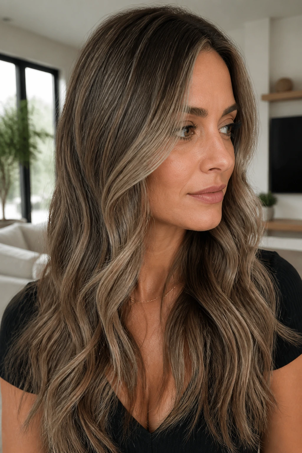 Real woman with cool ash beige micro-highlights in wavy hair