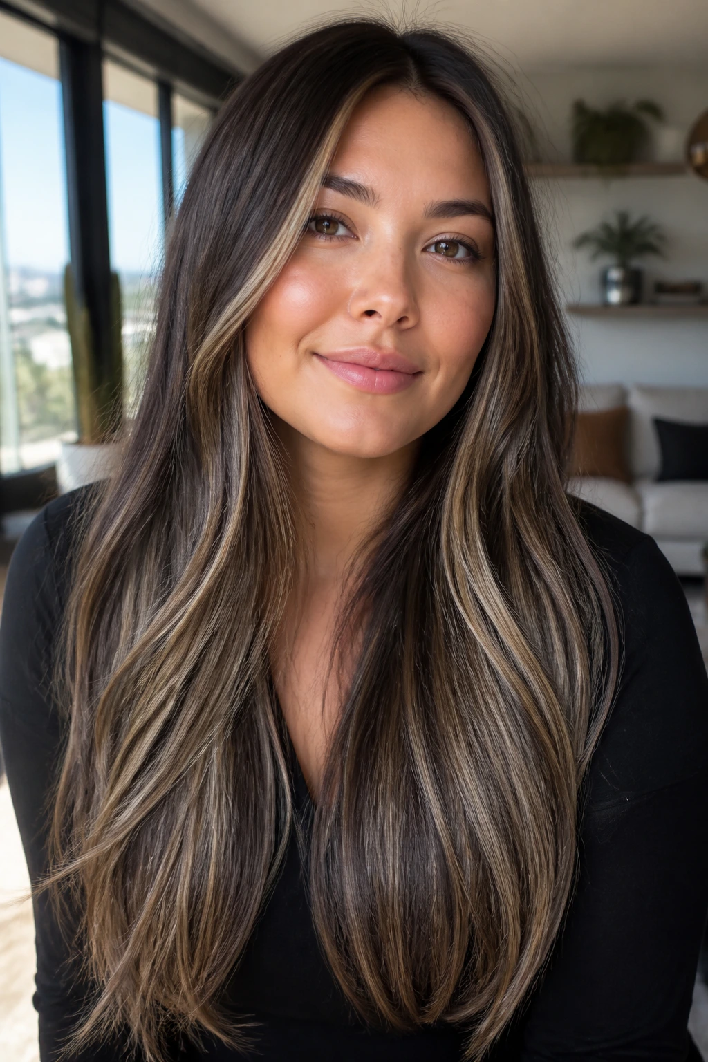 Hair with ash beige micro-highlights along the lower half in bright natural light