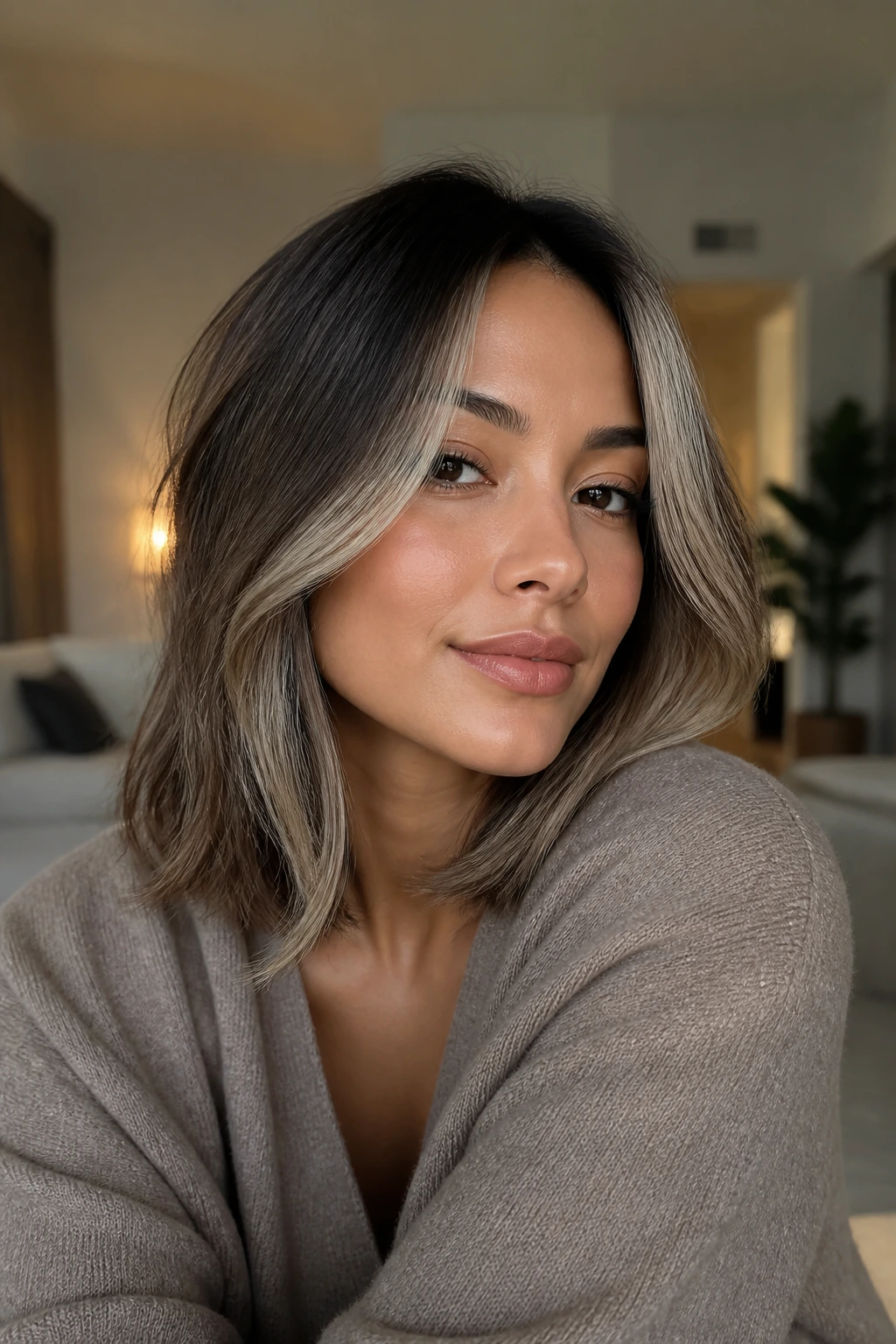 Close-up of a real person with ash beige money piece and soft layered hair