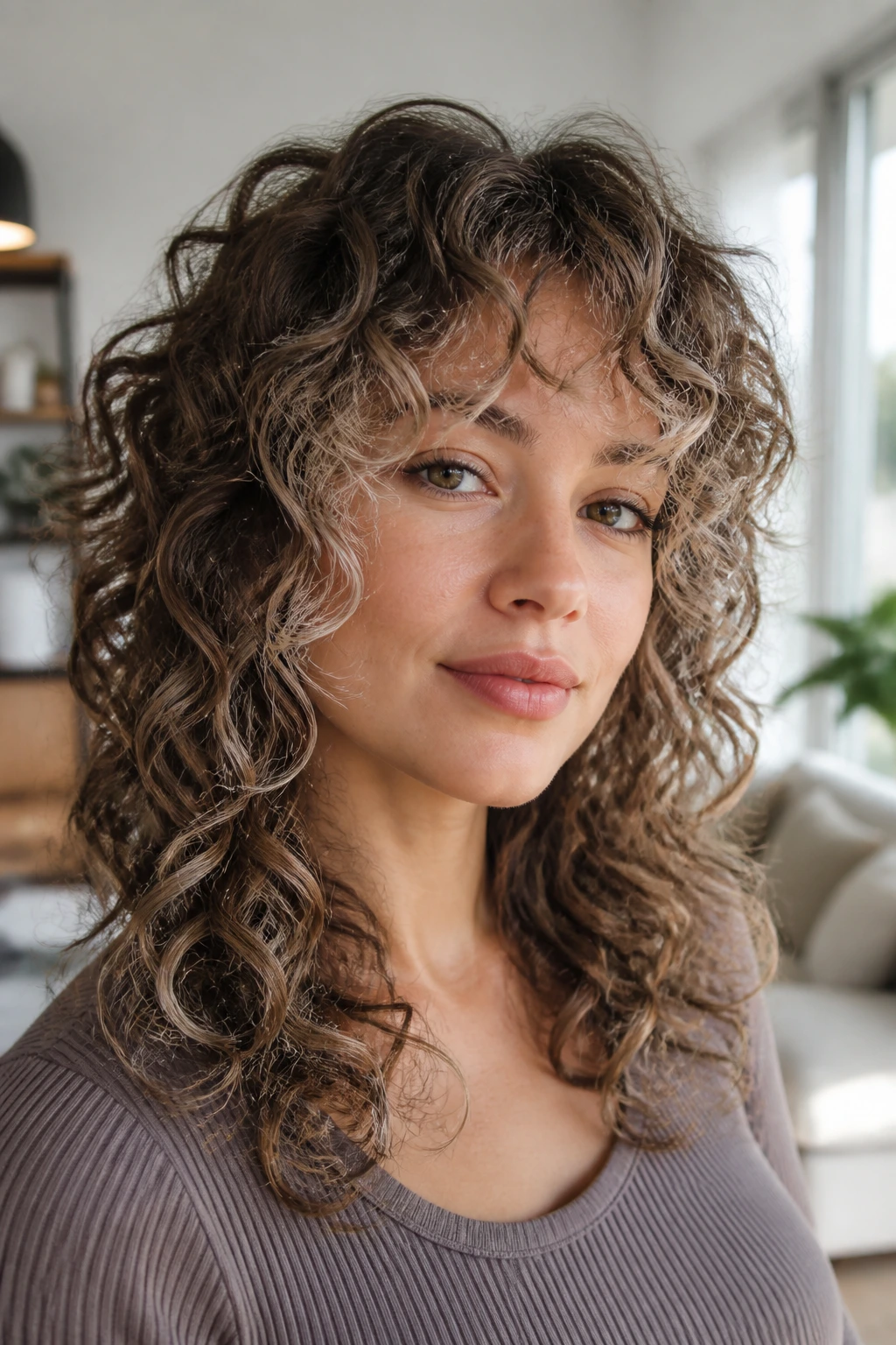 Close-up portrait of a real woman with ash beige money piece in a spiral shag