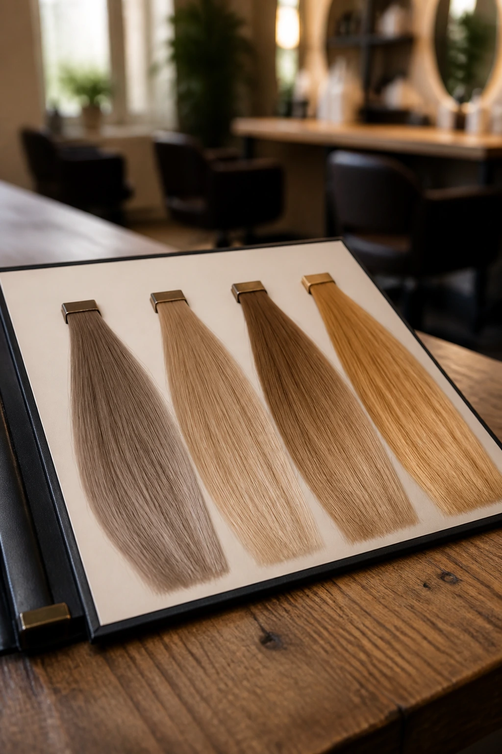 Close-up of four hair color swatches in ash, beige, mushroom, and honey tones on a salon color chart