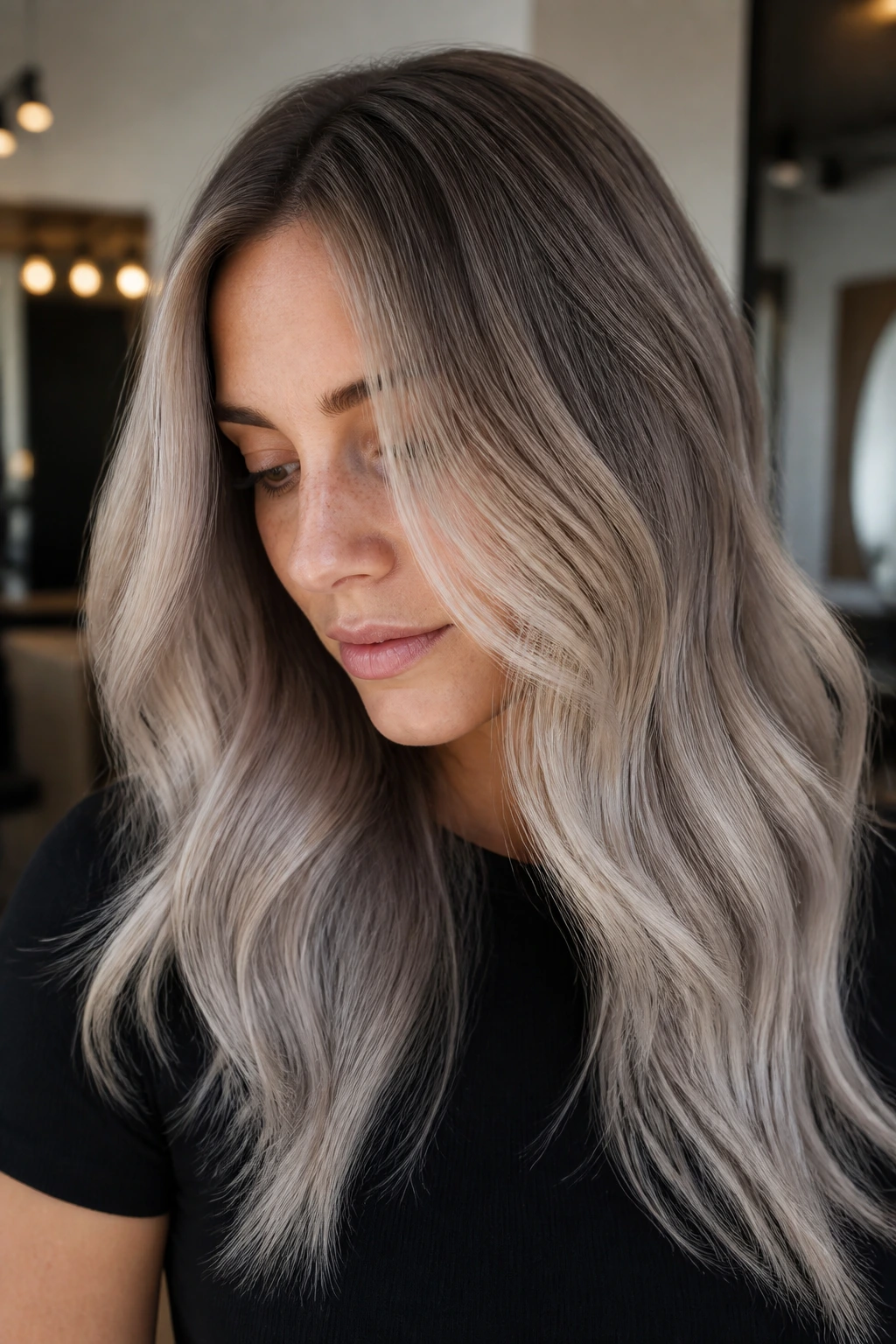 Portrait of a real person with multi-tone hair showing ash, beige, mushroom, pearl, and smoke tones.