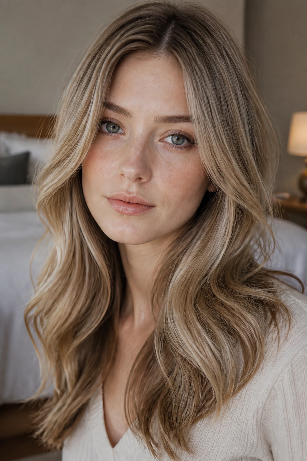 Close-up of real person with ash beige mushroom gold undertones in dark blonde hair