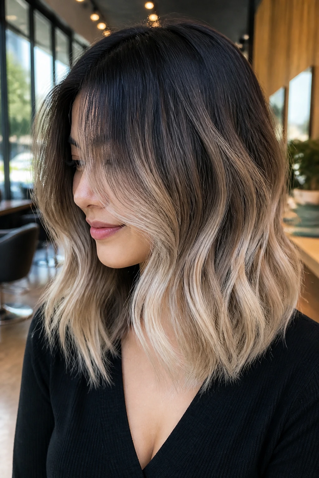 Portrait of a woman with ash beige ombré on midlength hair