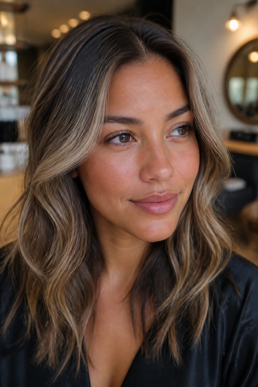 Close-up portrait of a woman with ash-beige ribbon highlights on tan skin