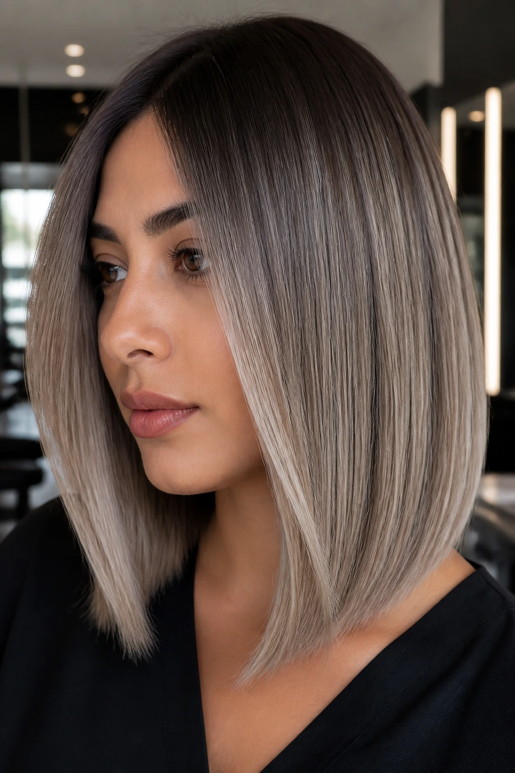 Close-up of blunt lob with ash-beige shadow melt on a real person.