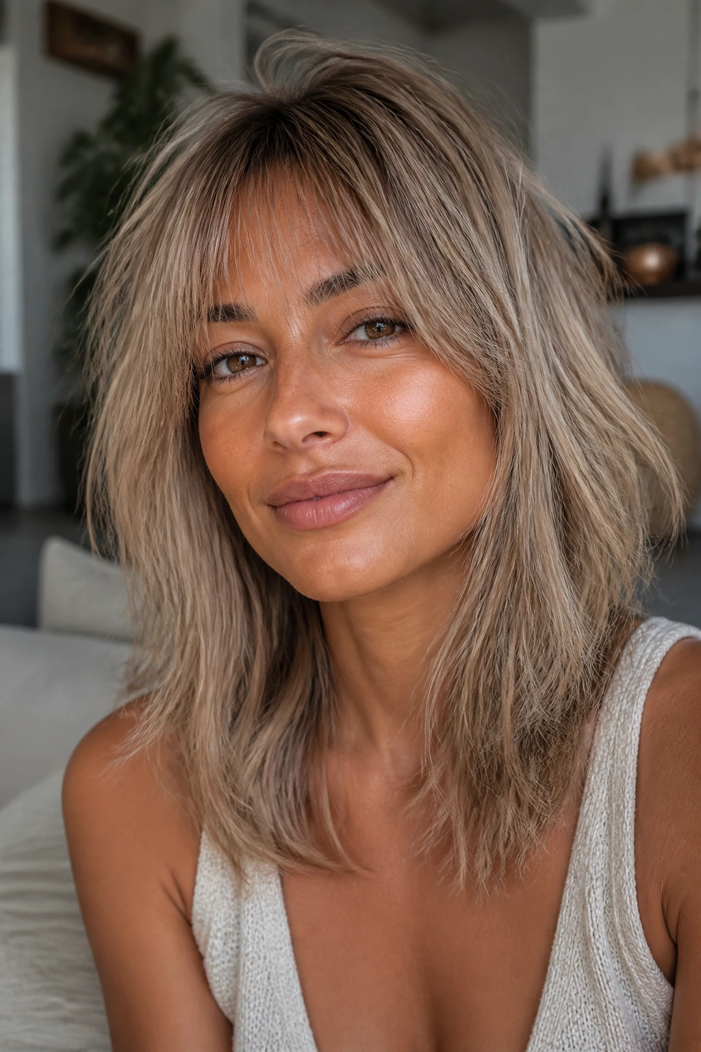 Close-up of a real woman with ash-beige shag and wispy fringe on tan skin
