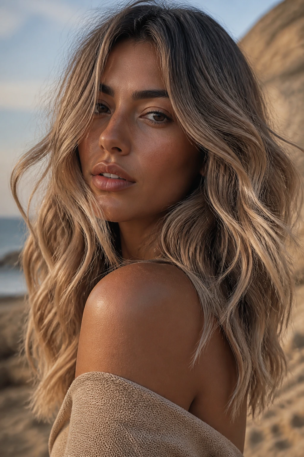 Close-up portrait of a real woman with Ash Beige Surf Waves on hair