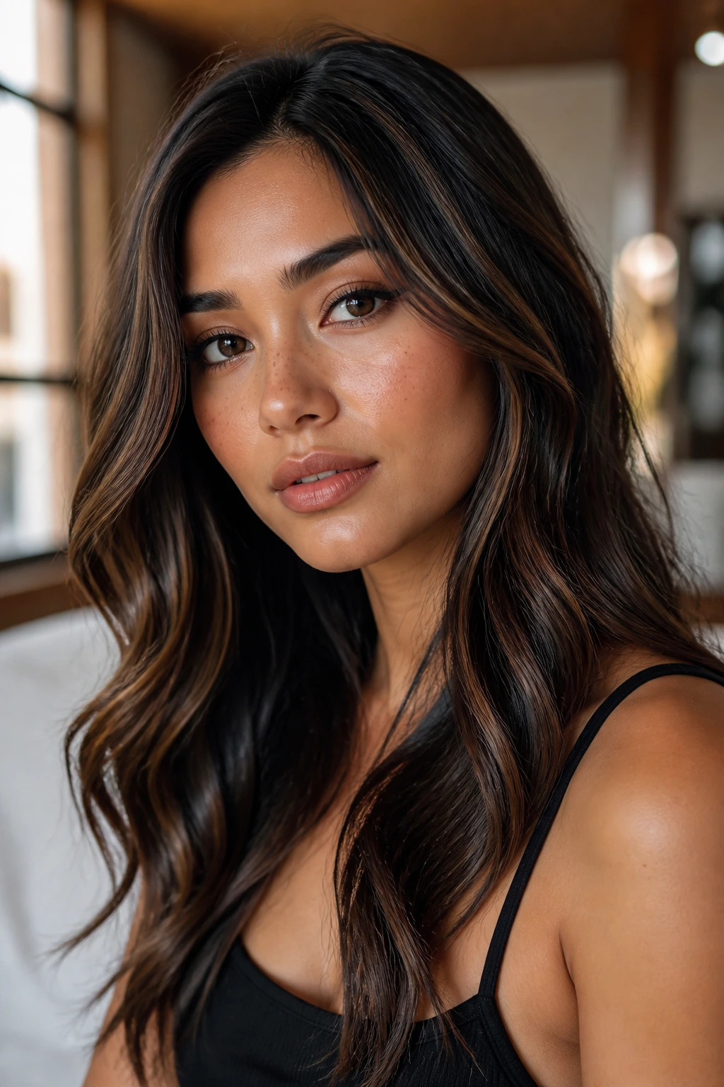 Close-up of ash black on cinnamon brown base hair on a real person