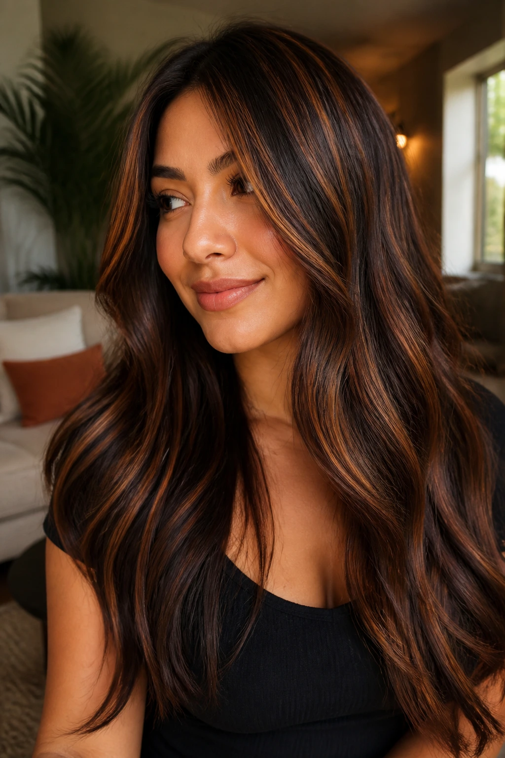 Close-up of a real person with ash-black ribbons against warm copper brown hair.