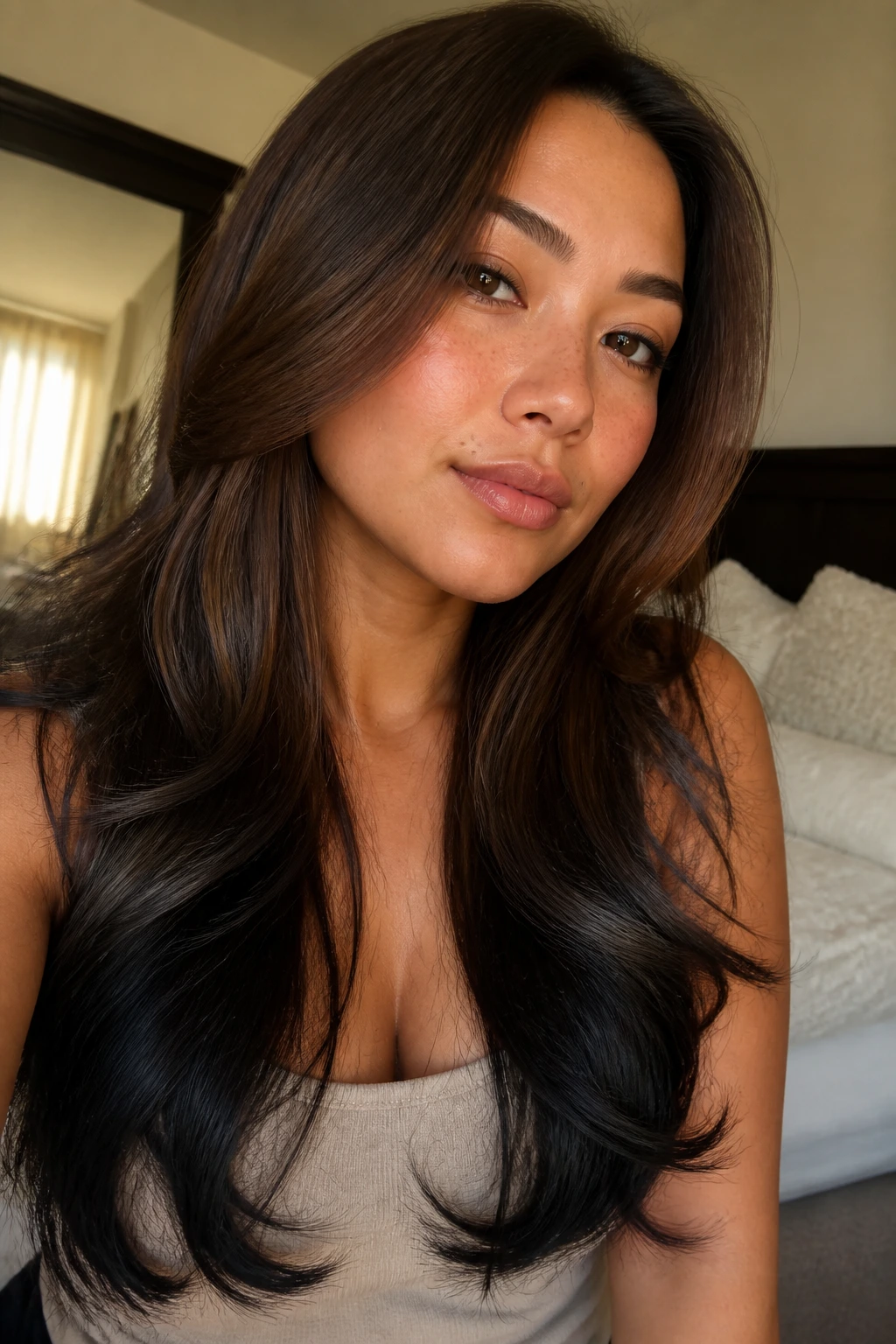 Long layered hair with soft ash-black ends.