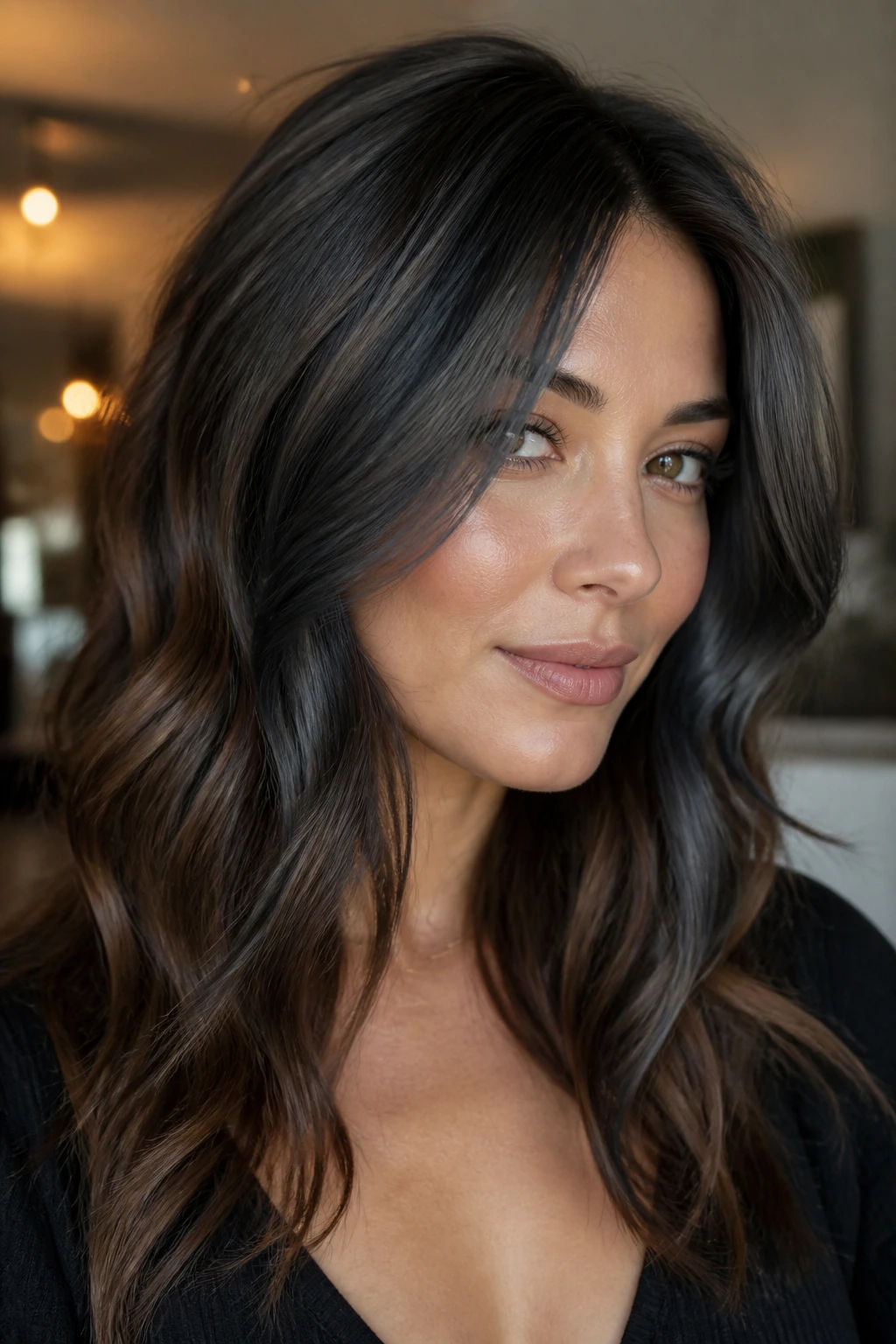 Ash-black front face-framing layers define cheekbones