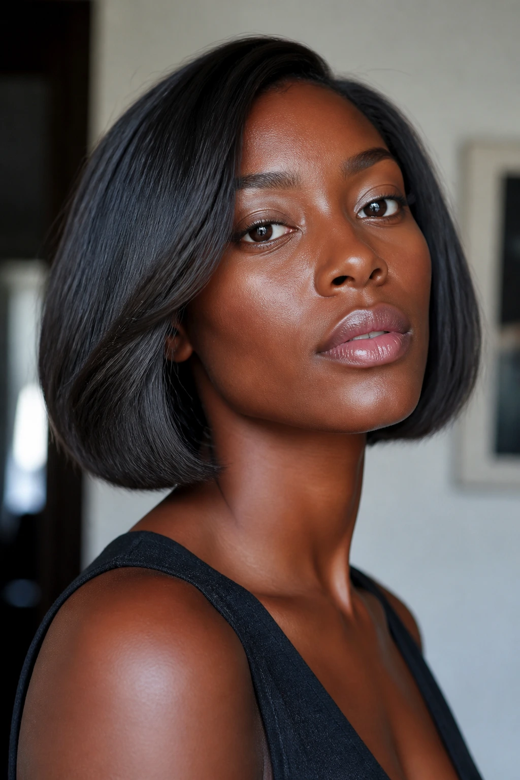 Portrait of a person with ash-black gloss hair and cool sheen.