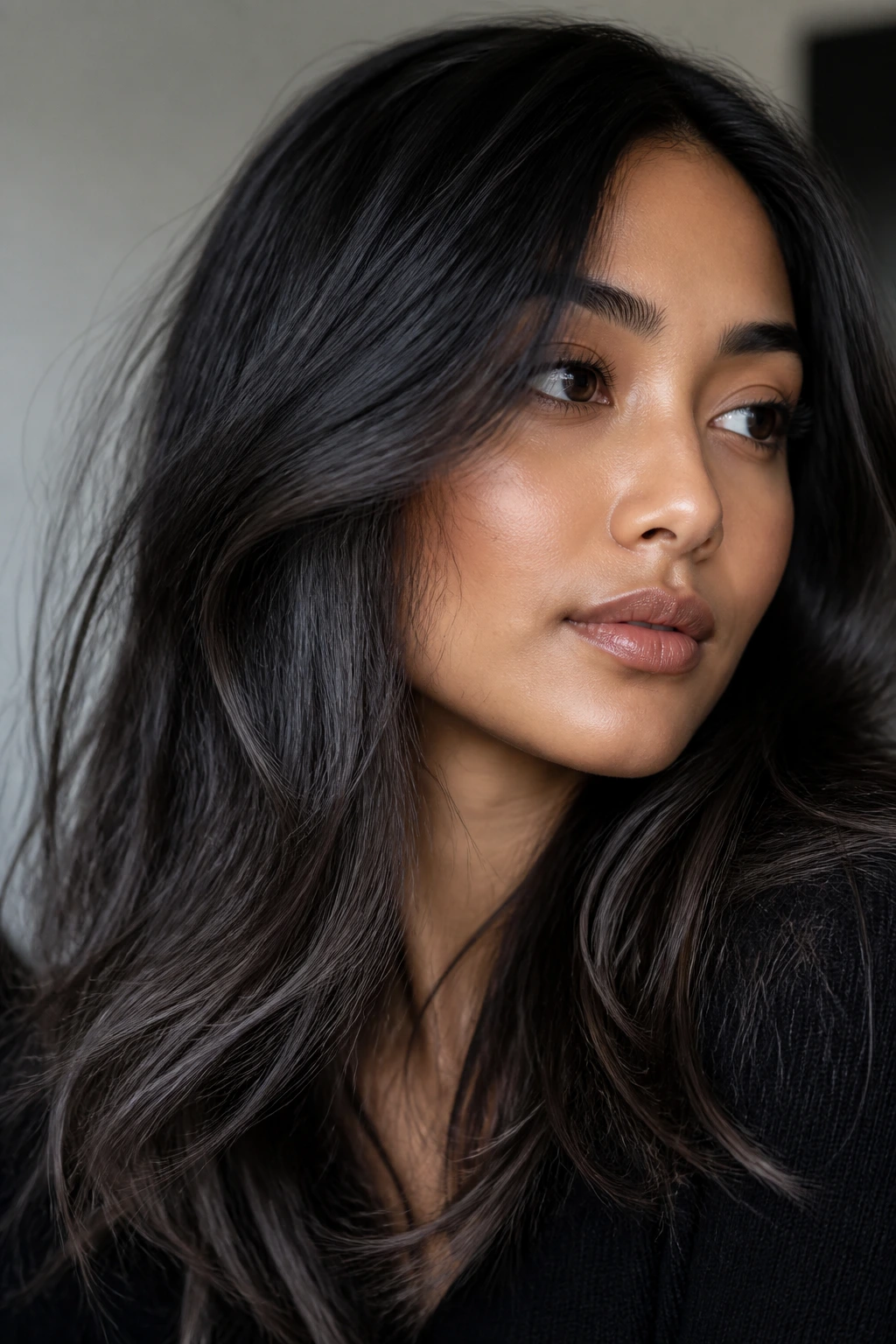 Close-up portrait showing ash-black hair with a softer edge on warm skin